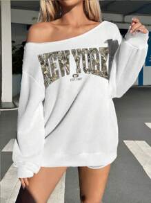 SHEIN EZwear 复古纽约街头秋季枯枝迷彩图案露肩宽松长袖女式运动衫 - 白色 - 查看 4