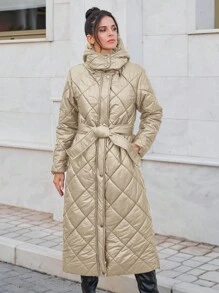 EURMUSE Belted Diamond Stitched Long Padded Coat - Apricot - View 4