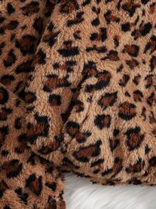 SHEIN Tween Girls Loose Fit Casual Simple Comfortable Warm Plush Hooded Front Open Fleece Leopard Print Long Sleeve Jacket With Pocket, Warm For Autumn Winter - Brown - View 6