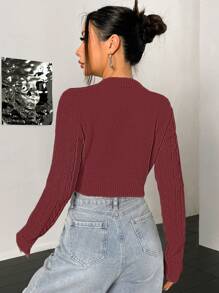 Flirla Women's Solid V-Neck Long Sleeve Casual Cropped Sweater Knit Pullover Fall Winter - Burgundy - View 2