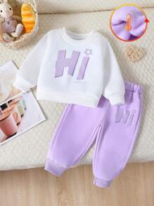 2pcs/Set Baby Girl 2024 Casual Thick Sweatshirt With Letter Print & Elastic Waist Pants Outfit, Autumn/Winter