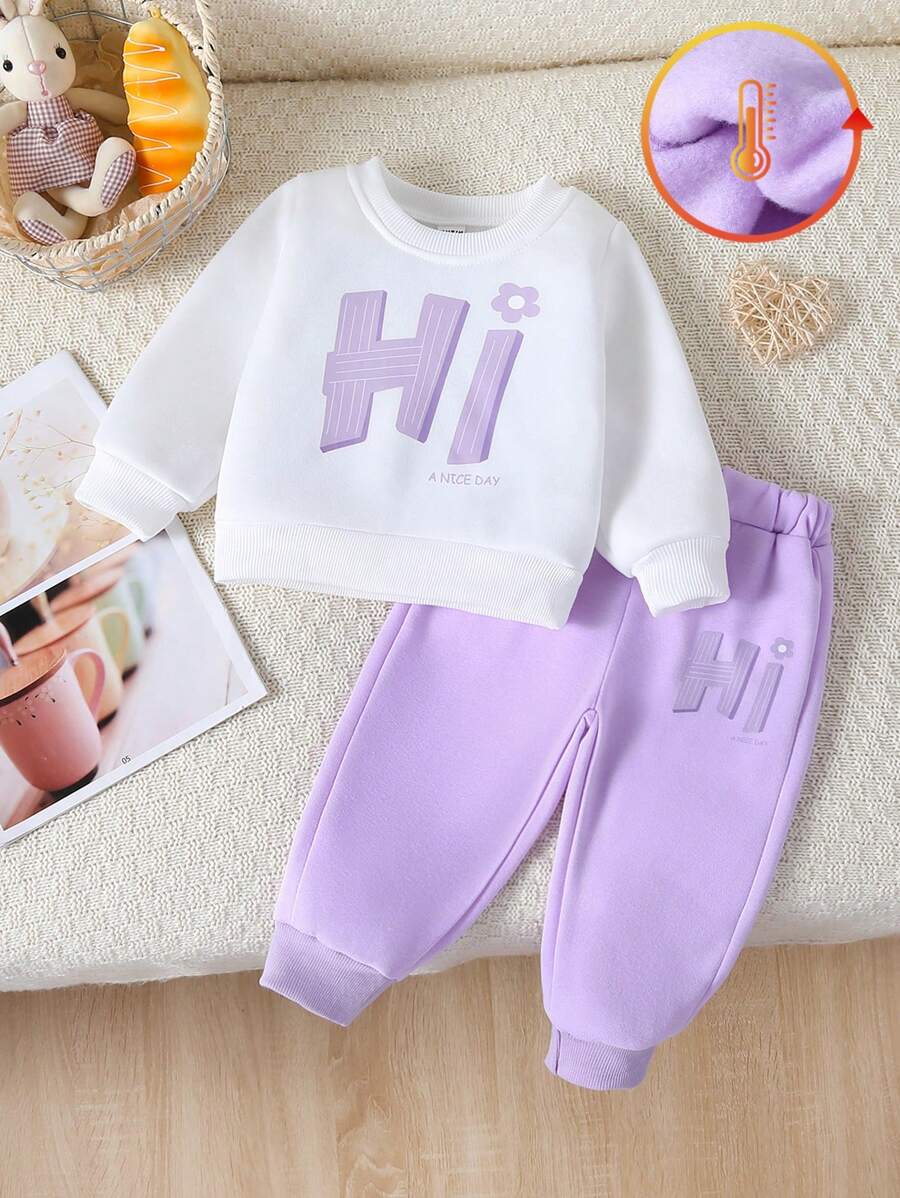 2pcs/Set Baby Girl 2024 Casual Thick Sweatshirt With Letter Print & Elastic Waist Pants Outfit, Autumn/Winter
