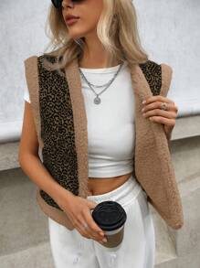 Femmeiva Women Leopard Print Patchwork Teddy Shearling Vest Jacket - Khaki - View 3