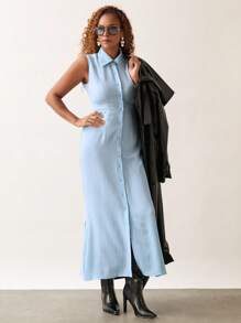 SHEIN Unity Women's Solid Color Front Button Long Sleeveless Old Money Style Elegant Dress - Blue - View 4