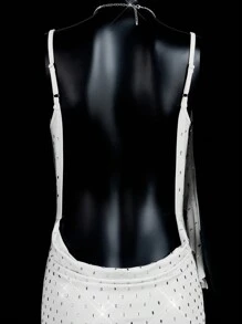 SHEIN ICON Draped Collar Sexy Open Back Ruffle Trim Beaded Party Dress - White - View 5