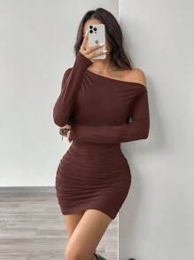 SHEIN EZwear Women's Long Sleeve Off-Shoulder Smocked Bodycon Mini Dress