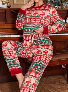 Zestaw piżamowy z nadrukiem świątecznym, długimi rękawami i spodniami, pluszowy element świąteczny - Wielokolorowe - Zobacz 3