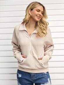 SHEIN LUNE Women's Comfort Polo Collar Metal Zipper Half-Placket Pocket Texture Casual Athletic Home Warm Pullover Sweatshirt For Fall Winter - Apricot - View 4