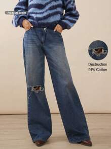 WESTFADE 优质牛仔布交叉破洞宽腿牛仔裤 91% 纯棉 - 藍色 - 查看 9