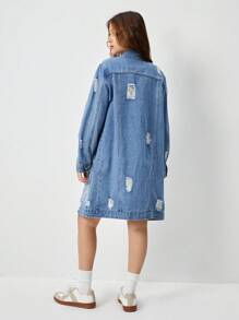 Teens Girls Medium Wash Distressed Simple Long Denim Jacket, Casual Outerwear