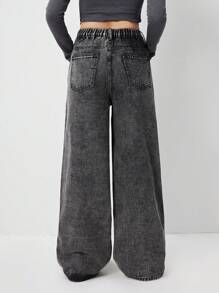 Sparklyn 少女 Y2K 别致都市街头风格闪亮钻石熨烫细节舒适松紧腰阔腿牛仔裤，女孩必备时尚单品 - 灰色 - 查看 6