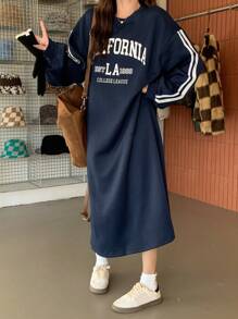 DAZY Women's Solid Color Fleece Casual Loose Long Sleeve Printed Mid-Length Dress Fall,Winter