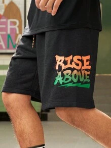 Manfinity Sport Corelite Boyfriend Style Men's Halloween Simple Letter Print Drawstring Sports Shorts, Casual Daily Wear Sweat Pants Black Shorts - Black - View 2