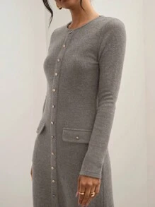 COSMINA Váy len dài tay cài nút phía trước thanh lịch cho nữ mùa thu, dành cho công việc giáo viên - Xám - Xem 5