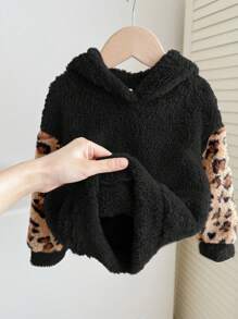 SHEIN Leap Crew Sweat-shirt mignon à manches longues pour bébé fille, patchwork à imprimé léopard et peluche, pour l'automne/l'hiver - Multicolore - Voir 4