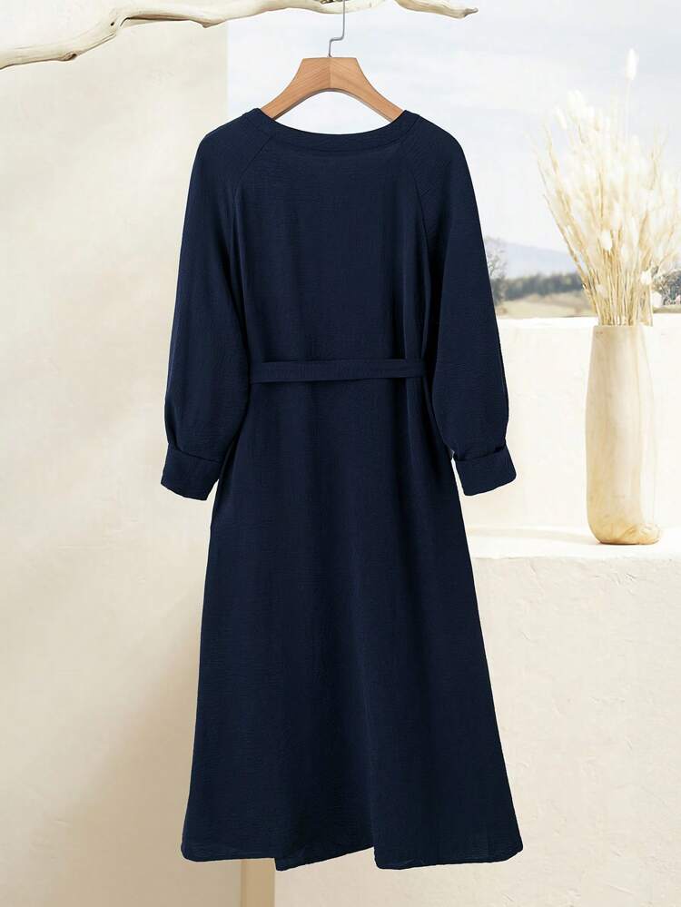 Plus Size Winter Clothes For Women Long Sleeve Front Cutout Blue Midi Dress With 
Belt