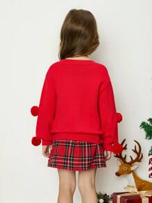 SHEIN Jersey de cuello redondo con textura y mangas abombadas para niñas pequeñas/jóvenes, apropiado para uso diario casual - Rojo - Ver 2
