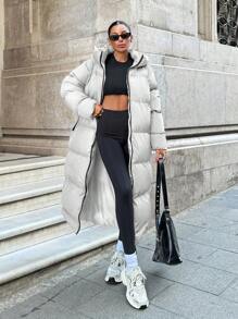 EURMUSE Contrast Zip And Puller Detailed, Keep Warming Feature Long Line Puffer Winter Coat - White - View 5