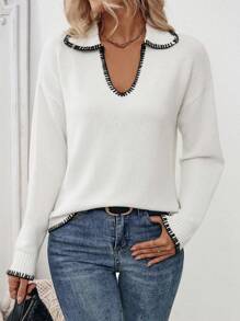 SHEIN LUNE Design Details Contrast Color Trim Collar Patchwork Knitwear Sweater Knit Pullover Fall Winter - Beige - View 1