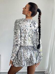 SHEIN Essnce Women's Autumn Short Sequin Bow Decorated Regular Jacket,Christmas Party,New Year Eve ,Silver Jacket,Sequin Jacket, - Silver - View 5