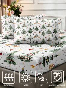 圣诞床单套件圣诞床上用品圣诞树装饰圣诞节床单可爱经典圣诞树印花 3 件超柔软透气超细纤维床单套件 1 床笠 2 枕套圣诞节礼物，圣诞房间装饰 - 彩色 - 查看 2