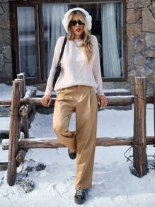GENKIRA Women's Casual Plain Color Loose Fit Business Pants - Khaki - View 4