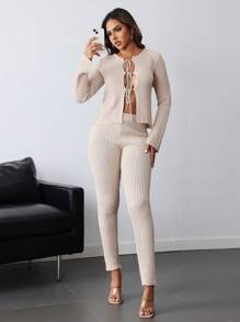 INAWLY Set de 2 piezas: Cárdigan de manga larga con lazo delantero de unicolor y pantalones largos de punto, conjunto casual para otoño/invierno - Caqui - Ver 4