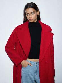 Maija Women's Christmas Party Red Lapel Neck Long Sleeve Long Teddy Fleece Jacket, Autumn/Winter - Red - View 1