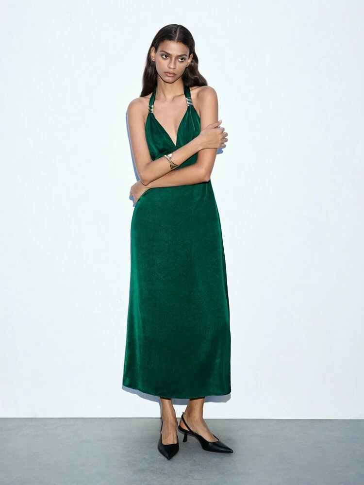 SHEIN Maija Abito lungo donna a-line con vita stretta, scollo a v, texture solida turchese. Con decorazione in metallo all'incrocio del collo, laccio sulla schiena. Minimalista, adatto per feste e Natale