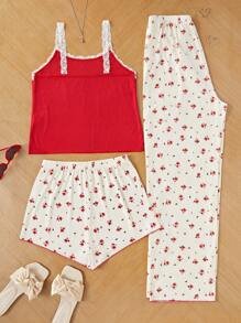 3 stuks/set Floral Lace Slip Top & Shorts & Extra-Long Pants Pyjama Set voor meisjes, Vintage Stijl