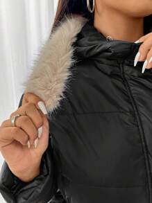 SHEIN EZwear Plus Size Women Winter Waisted  Fluffy Hooded Down& FeathersJacket - Black - View 4