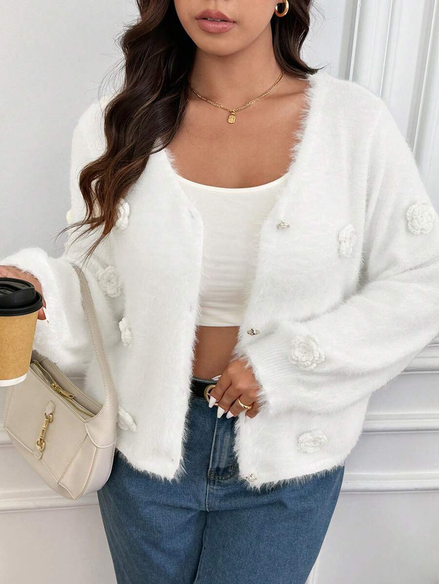 SHEIN Frenchy Plus Size Casual Elegant Solid Color 3D Floral Fluffy Cardigan Sweater, For Winter - White - View 1