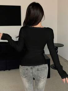 DAZY Lace Trim U-Neck Tight Fitting Long Sleeve Women's T-Shirt - Black - View 2