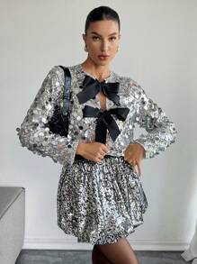 SHEIN Essnce Women's Autumn Short Sequin Bow Decorated Regular Jacket,Christmas Party,New Year Eve ,Silver Jacket,Sequin Jacket, - Silver - View 3