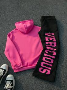 Manfinity EMRG Men's Long Sleeve Pocket Letter Print Simple Hooded Sweatshirt And Pants Sets