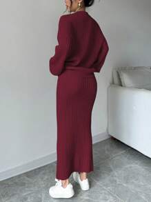 Selianne Women Plain Front Button Long Sleeve Casual Top And Skirt Set Fall Winter Cloth For Women - Burgundy - View 2