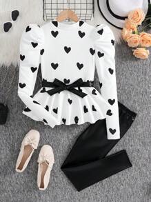 SHEIN Tween Girls Elegant Heart Pattern Fashionable Knitted Round Neck Long Sleeve Leg-Of-Mutton Sleeve Belted Peplum Tee T-Shirt With Ruffle Hem And PU Legging 2pcs Set, For Daily Wear,Back To School, Casual Occasions, For Autumn Winter