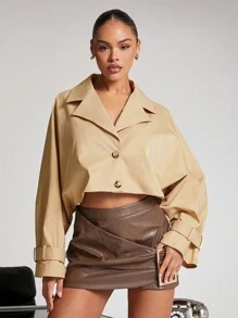 Hauture 女式纯色翻领单排扣蝙蝠袖短款风衣，适合秋季 - 卡其色 - 查看 6