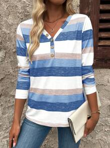 EMERY ROSE 女式休闲 V 领纽扣装饰彩色条纹长袖 T 恤图案 T 恤女式上衣，适合春季服装 - 藍白色 - 查看 5
