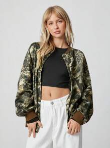 SHEIN EZwear Fashion Camouflage Print Button Front Jacket, Autumn - Army Green - View 1