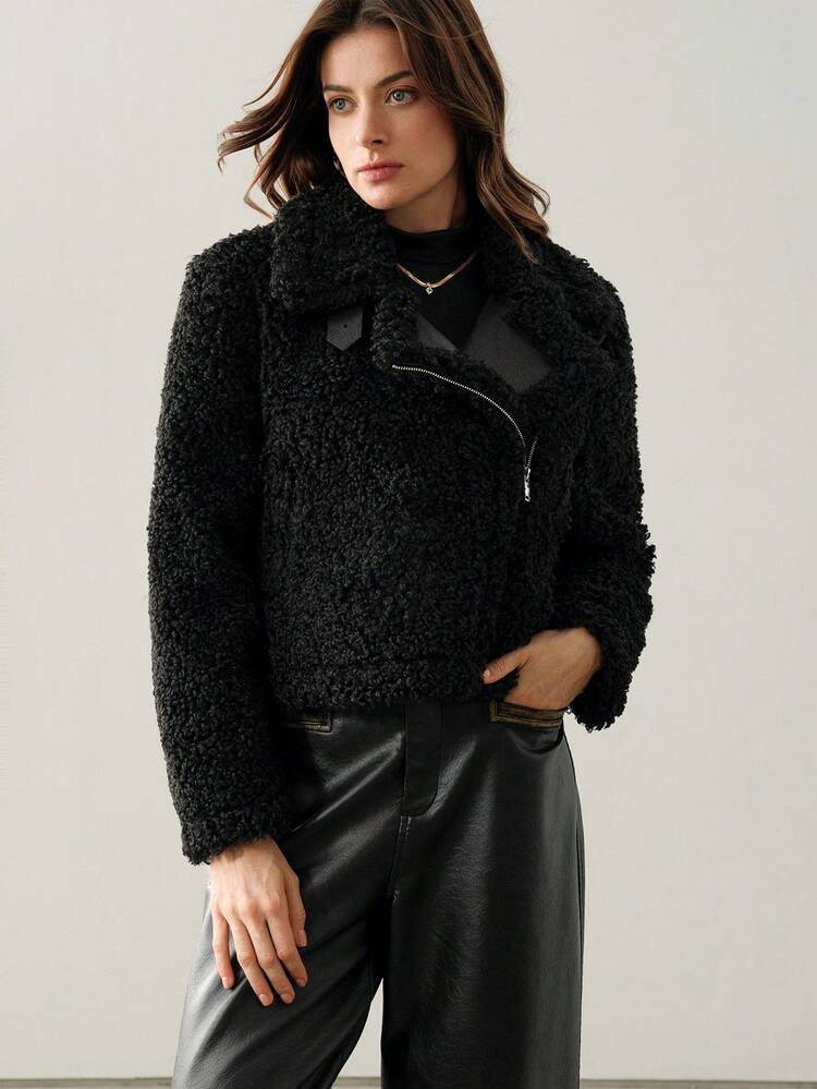 Women's Sheep Fur Faux Leather Spliced Plus Fleece Thick Fur Decor Jacket