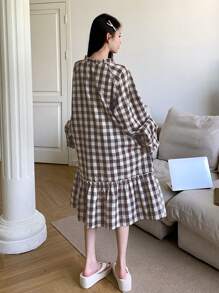 DAZY 格子面料荷叶边下摆休闲连衣裙 - 咖啡棕 - 查看 2