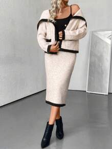 Chiquease Set de 2 piezas para mujer: Elegante cárdigan con ribete de contraste de color + Suéter y falda de punto, otoño/invierno