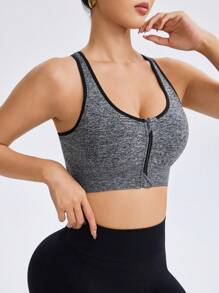 Basic Zipper Cross Racerback Seamless Sports Bra - Grey - View 5