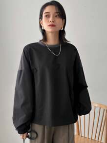 FRIFUL 女士休闲撞色圆领宽松长袖 T 恤，百搭，秋季服装 - 黑色 - 查看 4