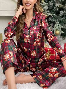 圣诞熊格子图案缎面女士睡衣套装，秋冬服装 - 彩色 - 查看 1