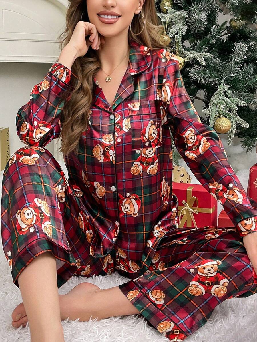 圣诞熊格子图案缎面女士睡衣套装，秋冬服装 - 彩色 - 查看 1
