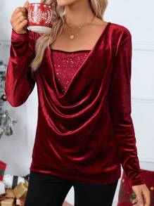 EMERY ROSE 女士舒适修身长袖羊毛数码印花亮片 T 恤，秋季舒适 - 酒紅色 - 查看 7