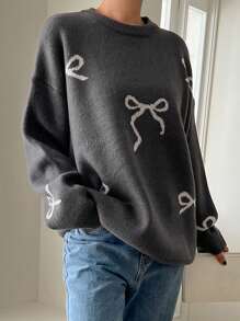 DAZY Women's Round Neck Loose Bowknot Print Casual Long Sleeve Sweater,Fall Clothes - Dark Grey - View 4