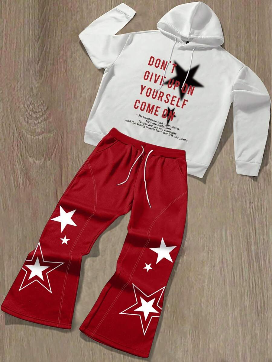 Manfinity Roghcode Men's Hoodie Sweatshirt And Sweatpants With Slogan & Star Print, Casual Set - Multicolor - View 1